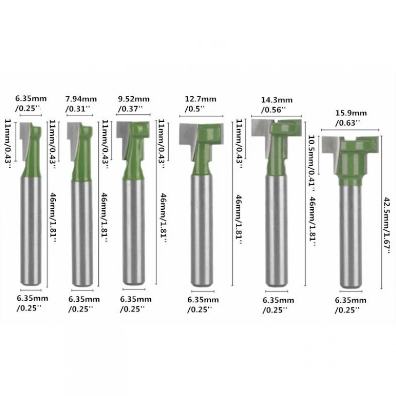 6pcs/set 1/4inch Shank Carbide Keyhole Router Bits for Woodworking Carbon Steel T Track Keyhole Router Bit Set