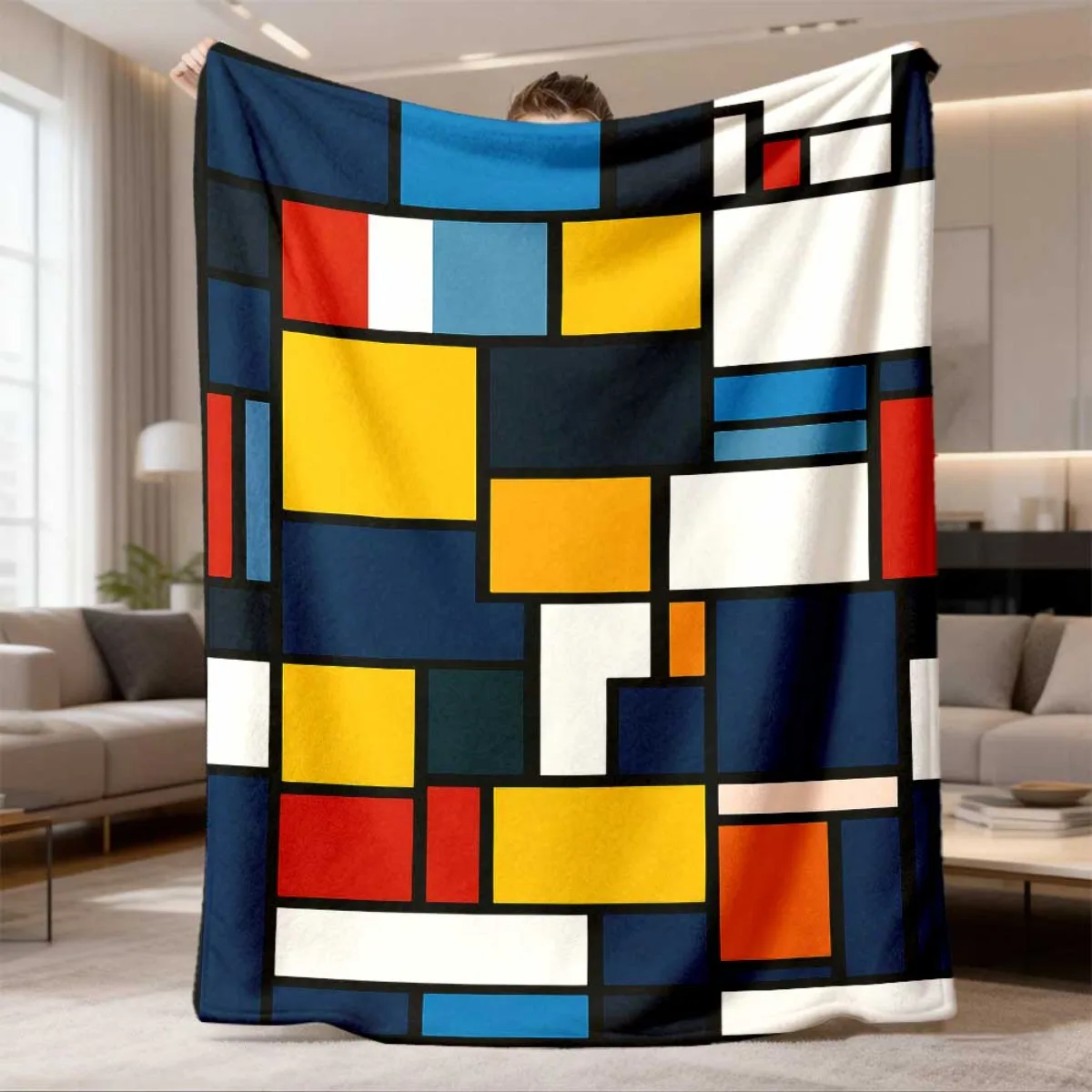 Mondrian Color Block Print Blanket, Abstract Geometric Art Soft Flannel Blanket for Home Bed Travel Holiday Special Gift Idea