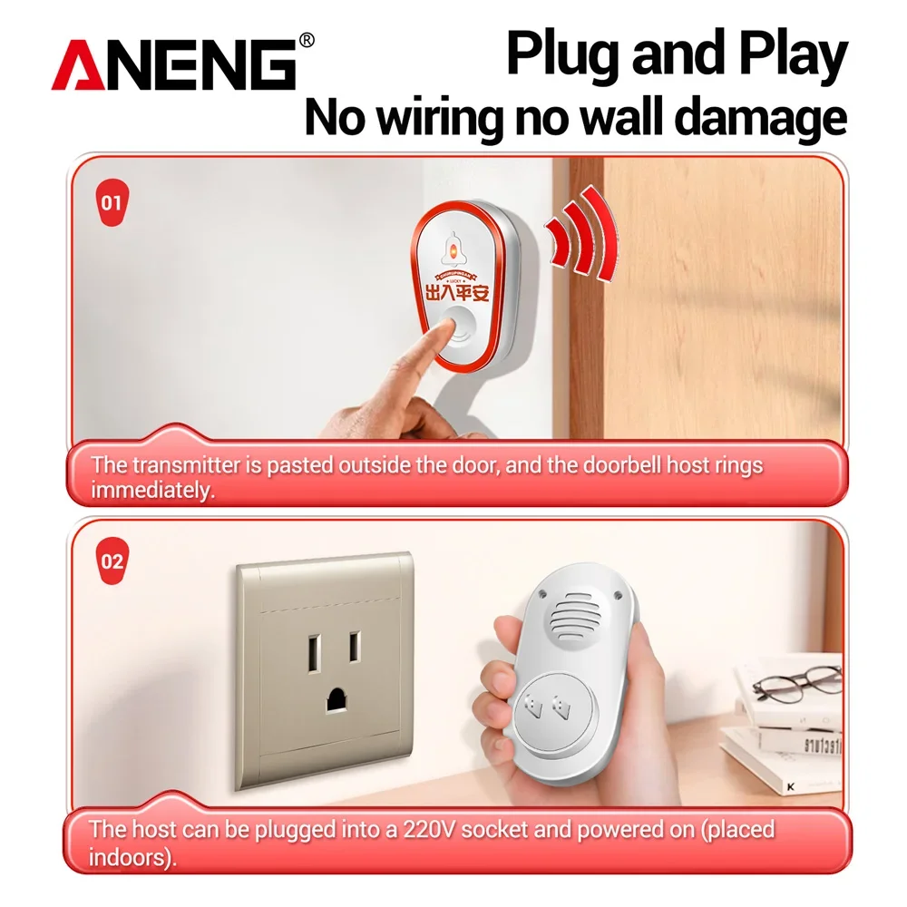 ANENG Smart Wireless Doorbell 4 Volume Adjustment 1000FT 25 Chimes Volume Adjustment Remote Transmitter Call Door Chime Receiver