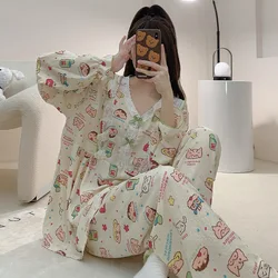 6XL Plus Size Loose Pajamas Women's Spring and Autumn Sweet Ins Loungewear Long Sleeves Shirt and Trousers Set Winter Homewear