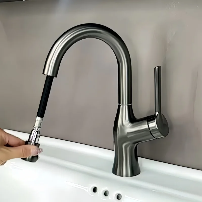 Pull Out Bathroom Faucet 360° Swivel Spout with Dual Spray Modes Hot Cold Water Mixer Household Wash Basin Sink Tap Deck Mounted