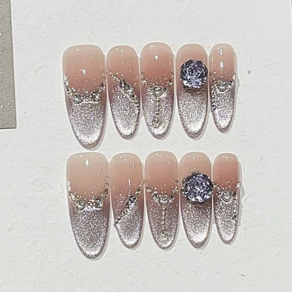 10 pièces faux ongles faits à la main conseils portable paillettes violet long ovale faux ongles Art avec strass conception oeil de chat presse sur les ongles