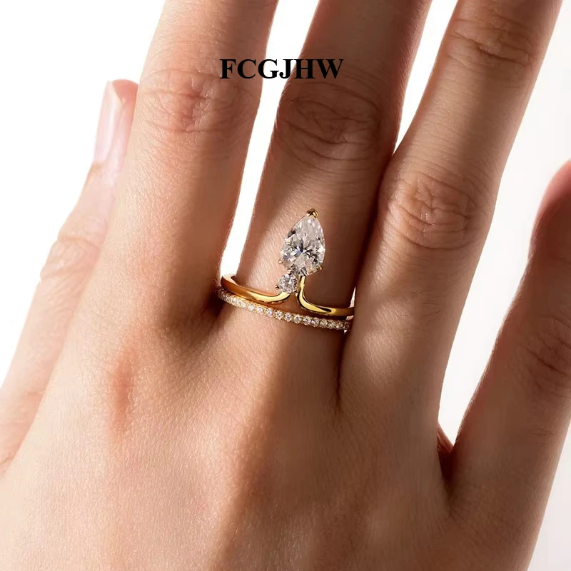 FCGJHW Rose Gold Color Pear Cut All Moissanite Women Ring Jewelry Sets 2pcs Lab Diamond S925 Sterling Silver Girls Band 2026