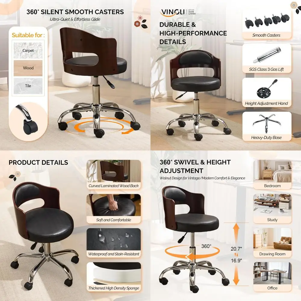 

Adjustable Swivel Armless Desk Chair, Dual-Use with or without Wheels, Small Retro Walnut Curved Chair, Cushioned for Study and