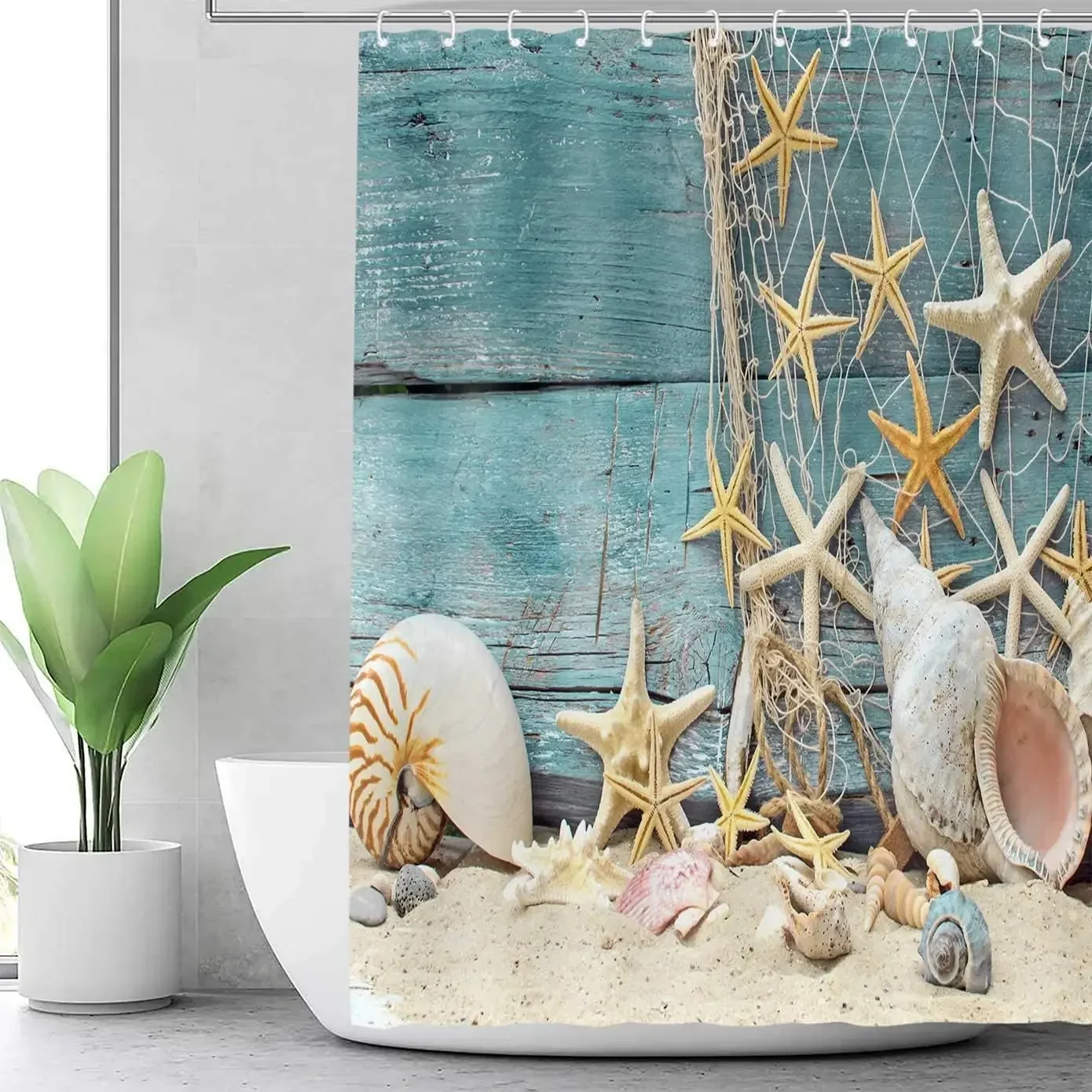 Seashell Shower Curtain Summer Beach Starfish On The Coastal For Bathroom Curtain Polyester Fabric Bathroom Accessories Set