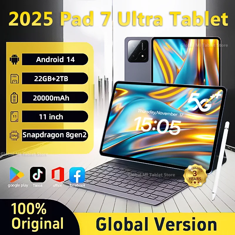 2025 Android 14 Глобальная версия 11-дюймовый планшет 7 Ultra 20000 мАч 5G Dual SIM 16 ГБ 22 ГБ 2 ТБ Snapdragon 8gen 2 WiFi GPS Оригинальный планшет