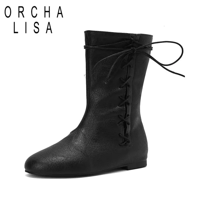 

ORCHALISA Classic Vintage Women Boots Round Toe Low Heels Zipper Lace Up Plus Size 46 47 48 Casual Soft Daily Mid Calf Booties