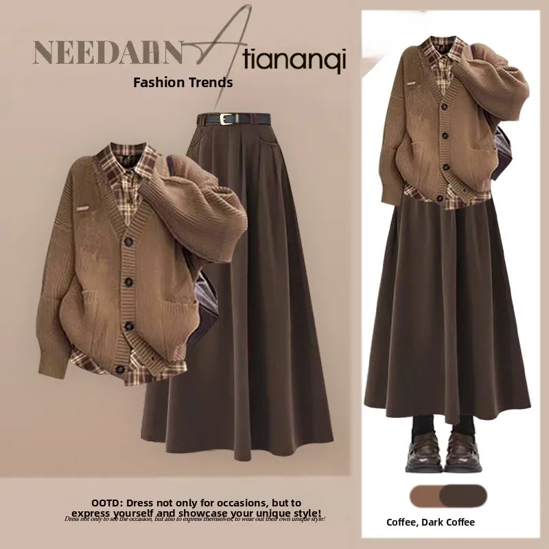 

plus Size Autumnal Mermaid Knitted Sweater Set Women's Sli Slimming f Skirt Tee-Piece Ensemble for plus Size Ladies