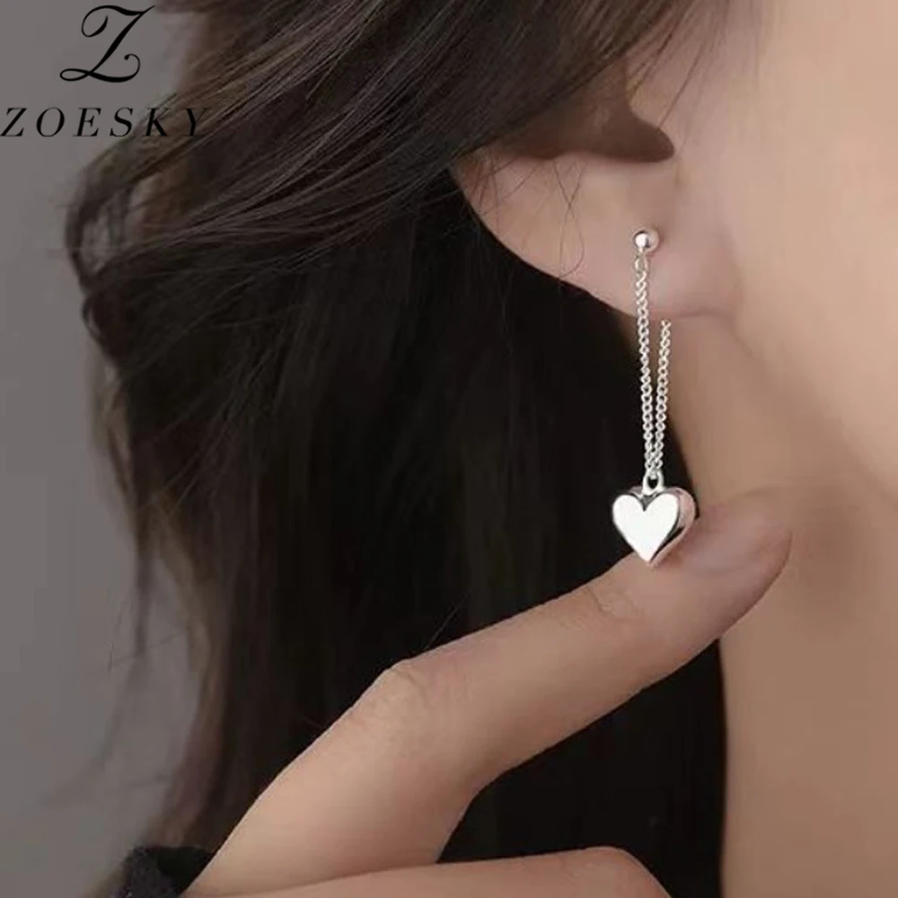 Zoesky Real S990 Sterling Silver Heart Dangle Drop Stud Earrings For Women Girls Tassels Earring Wedding Valentine Jewelry Gift