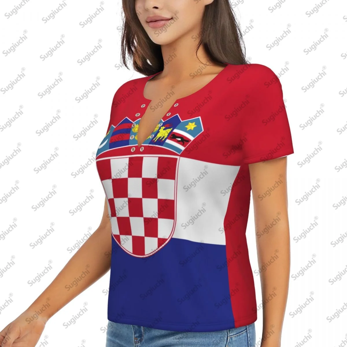 2025 Kroatien Flagge Sexy Tiefem V-ausschnitt Frauen 3D Kurzarm Fashion Tees Weibliche Kleidung Tops Mädchen Casual Bluse Tees