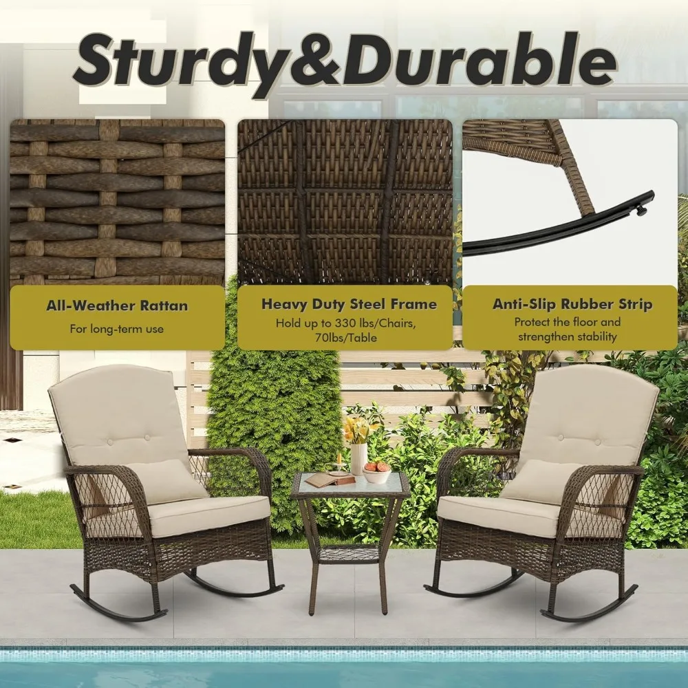 3 Piece Rocking Bistro Set Wicker Outdoor Patio Chairs Rattan Conversation Sets with Coffee Table for Patio, Porch, Backyard, Ba