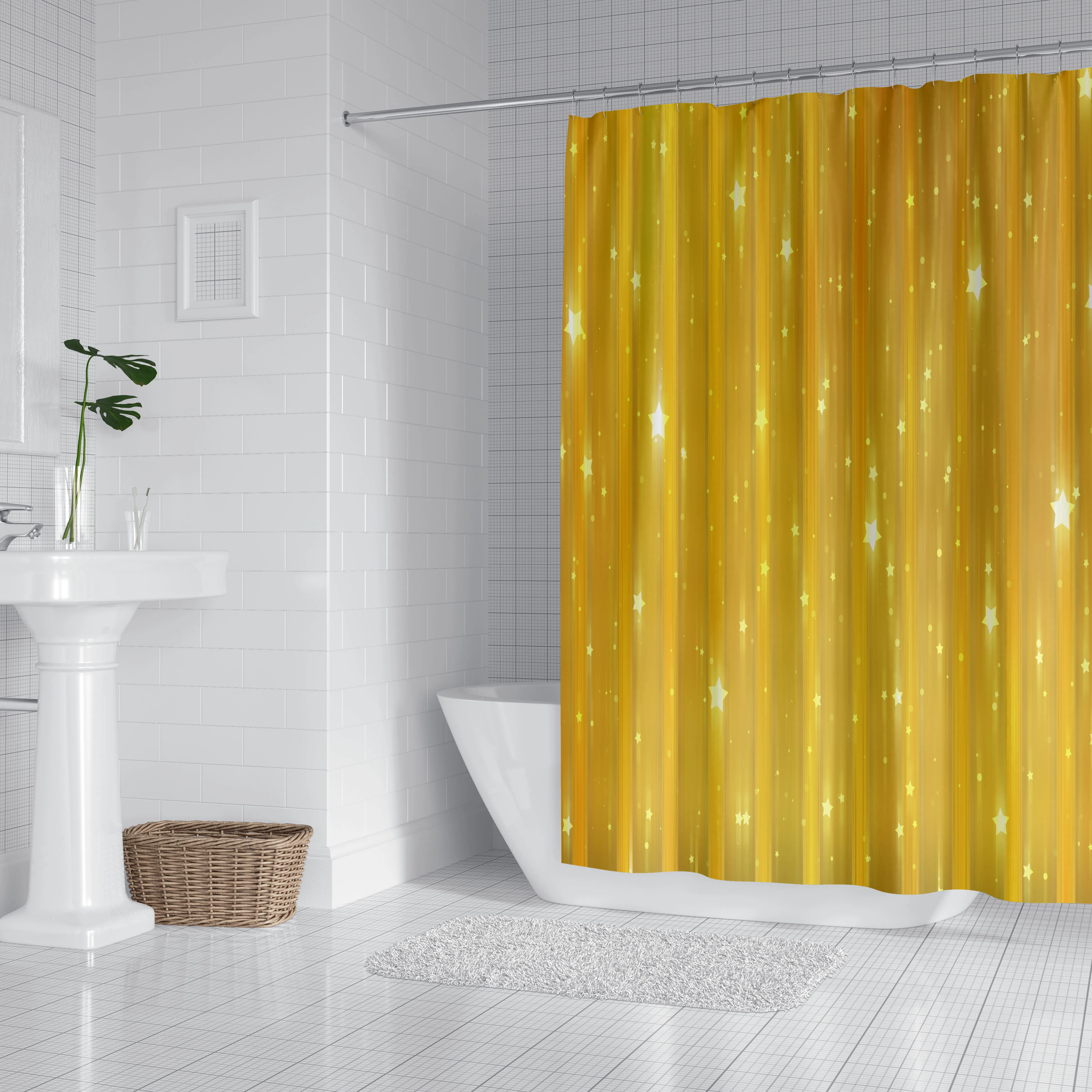 1pc Yellow Meteor Shower Curtain Bathroom Partition Decorative Curtain Machine Washable Meteor Print Window Privacy Curtain