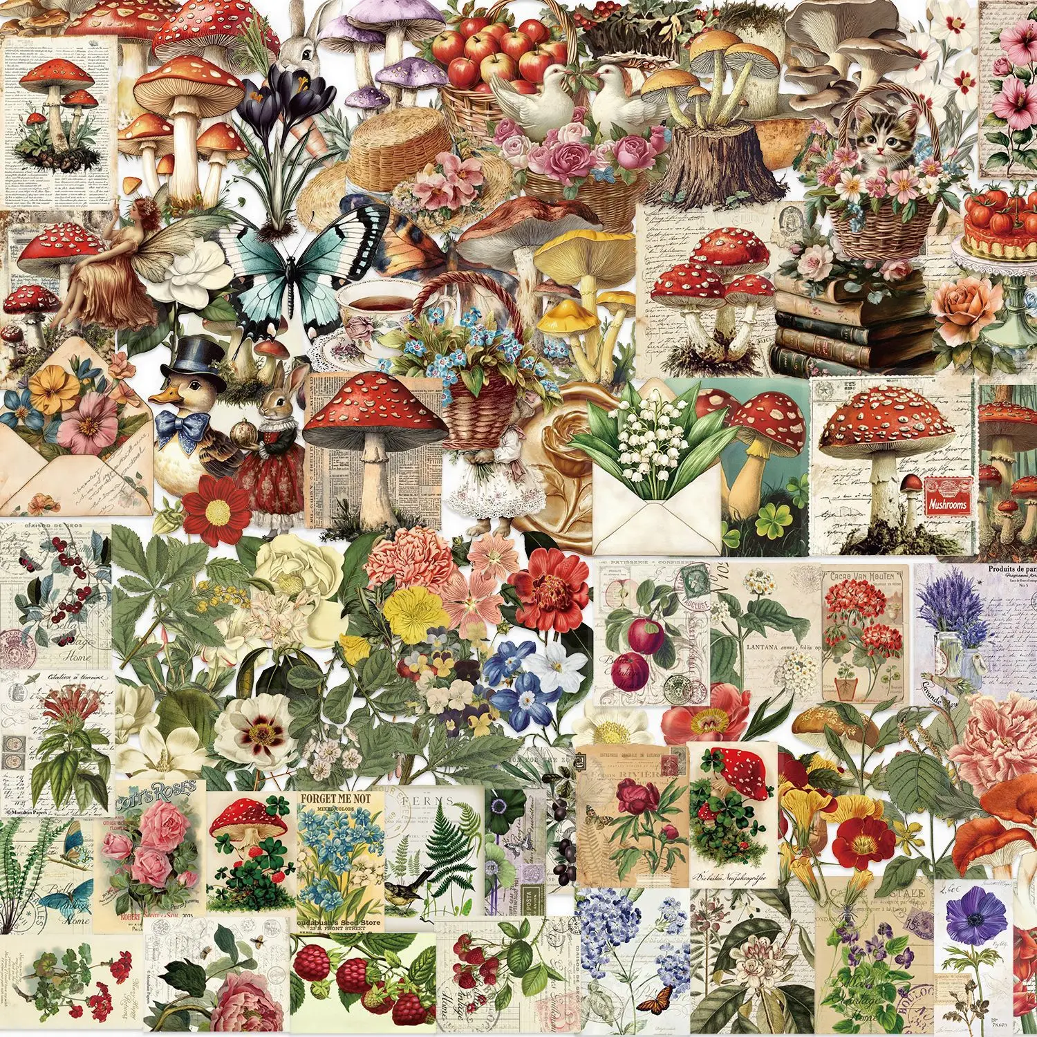 100PCS Vintage Mushroom & Colorful Botanical Aesthetic Stickers PET Transparent Waterproof Vinyl Decals for Journaling Scrapbook