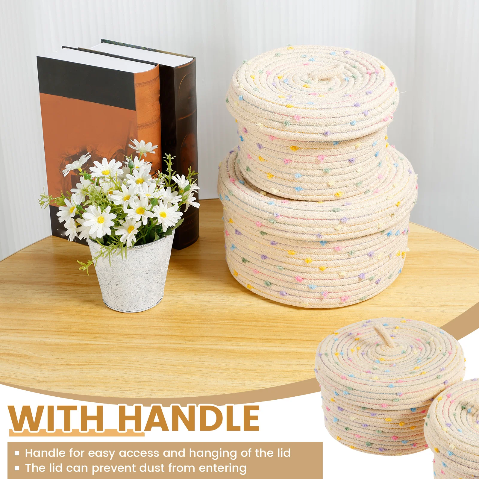 2 قطعة سلات تخزين حبل القطن المنسوجة سطح المكتب أشتات الاطفال اللعب المنظم صندوق سلة التخزين مع غطاء فرز المجوهرات وجبة خفيفة