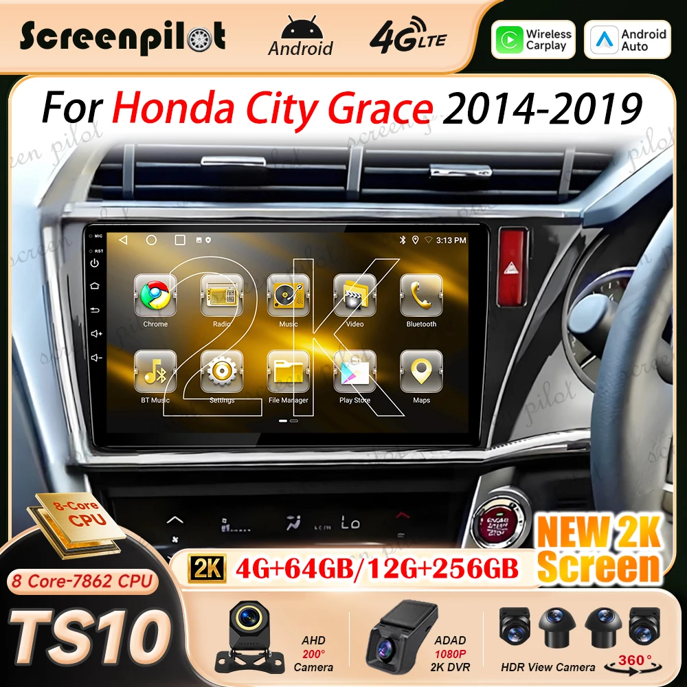 Android 16 Car Radio For Honda City Grace 2014 2015 2016 2017 2018 2019 2K QLED Multimedia Video Player Navigation GPS NO 2DIN