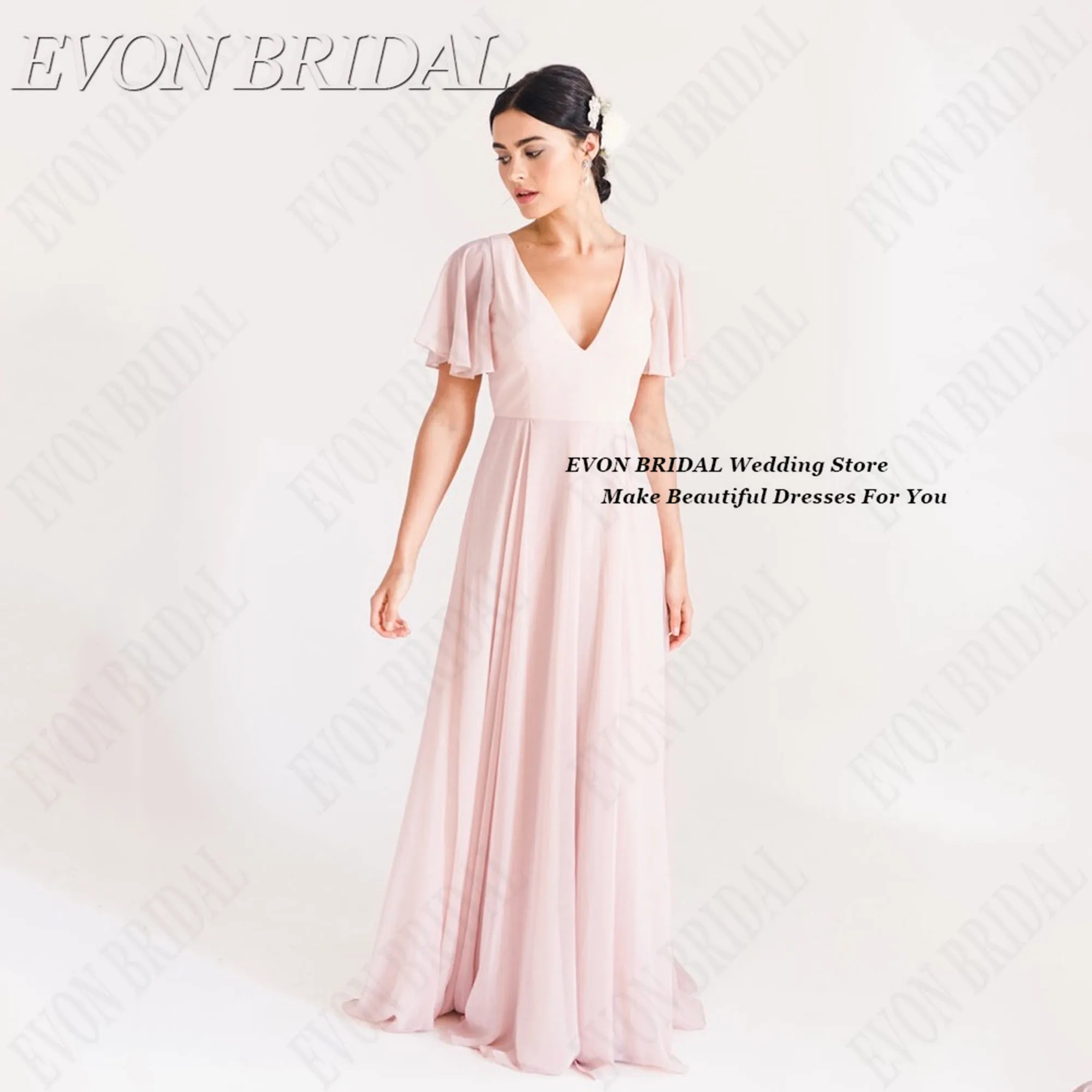 

V Neck Chiffon Wedding Guest Dress Vintage A Line Woman Ceremony Dress Floor Length Customized Party Gowns 2025 EVON BRIDAL