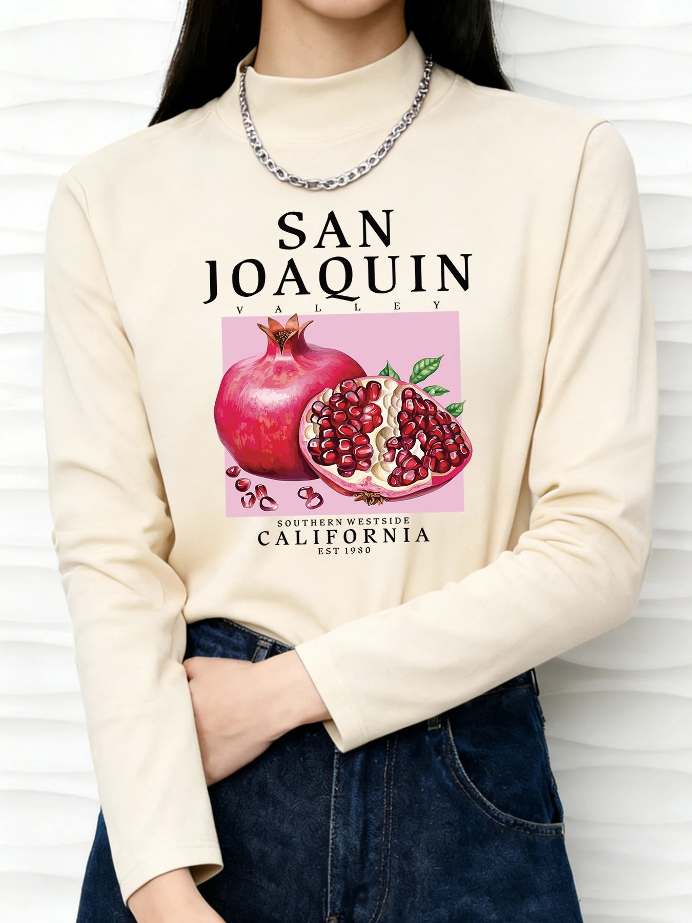 

Женская блузка с высоким воротником и длинными рукавами SAN JOAQUIN VALLEY, пуловер, цвет гранат, одежда California EST 1980, футболка, топы в стиле K-Fashion