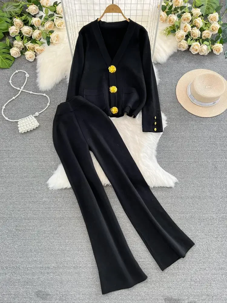 Women Outfits Sweater Two Piece Set Autumn Winter V-neck Single Breasted Knitted Jacket High Waist Straight Leg Wide Pants Suits