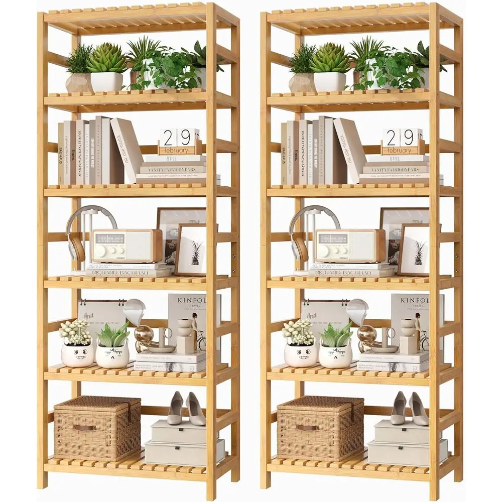 

6-Tier Bamboo Shelf Set of 2, Bamboo Bookcase with Adjustable Shelves, Free Standing Storage Shelf Unit and Plant Flower Stand,