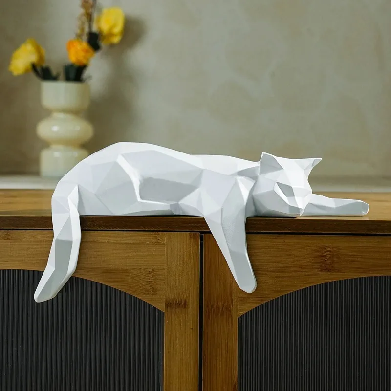 

White Black Cat Statue - Geometric Modern Room Decor Figurine Sculpture for Home Office as Table Shelf Desk Decor Lying Cat