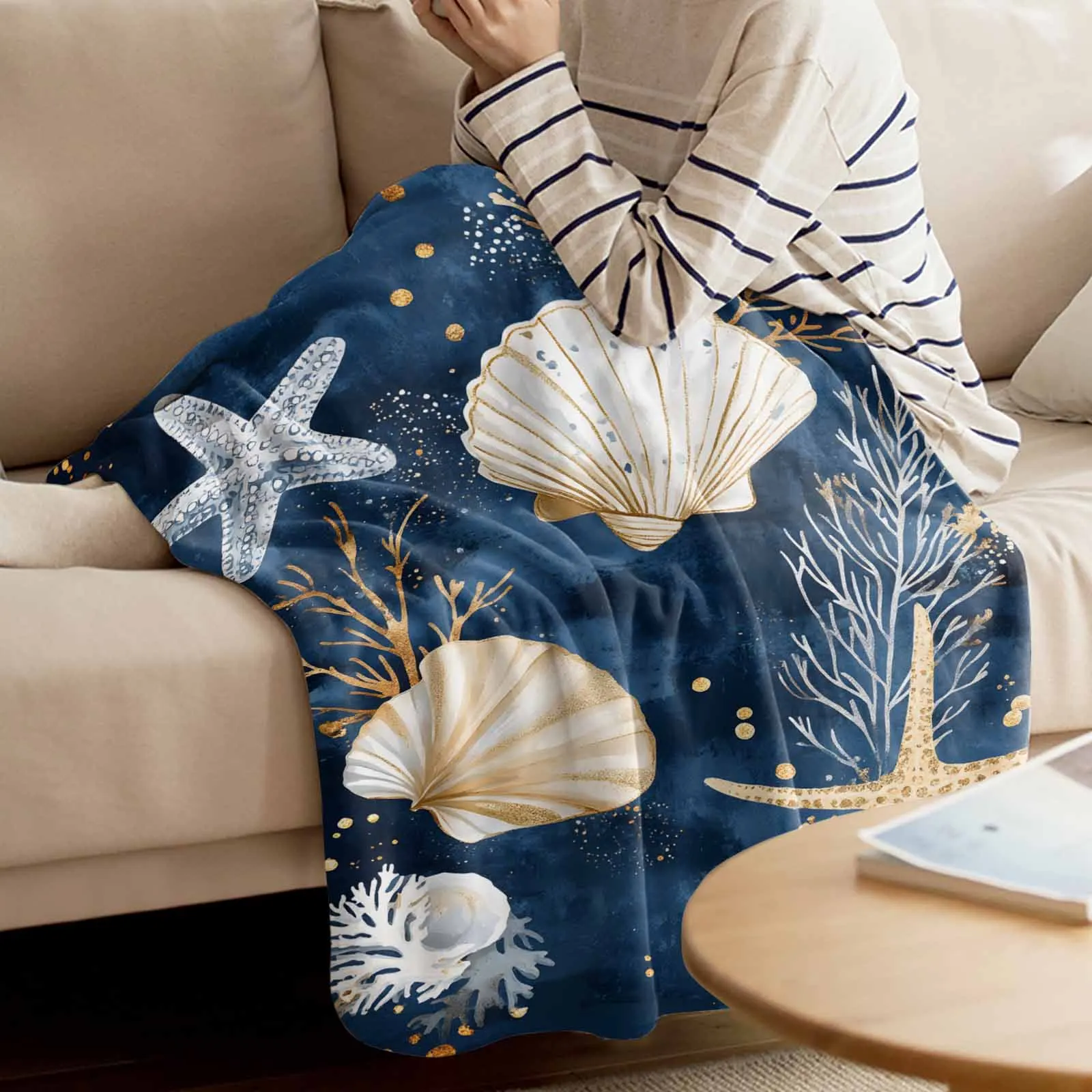 

Marine Creature Shell Starfish Coral Fleece Blanket Cover The Bed Flannel Sofa Small Blanket for Kids Home Textile