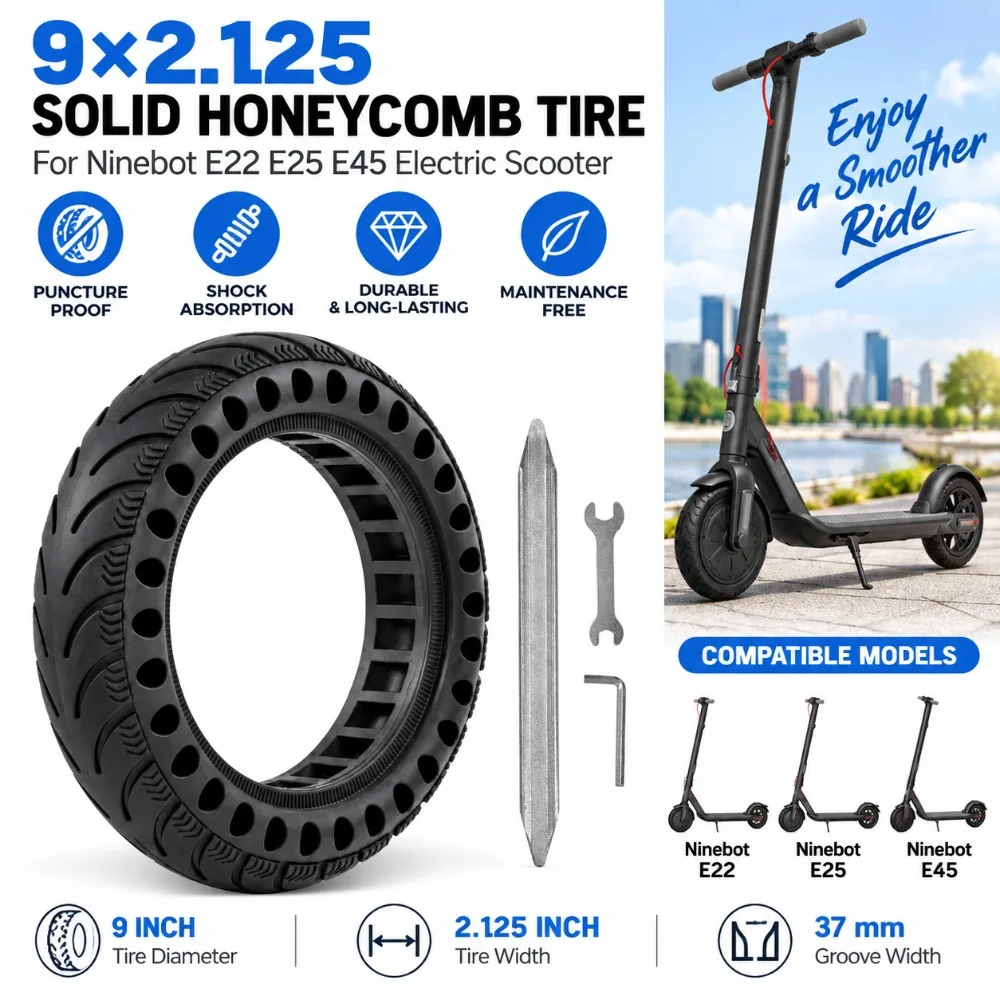9x2.125 Honeycomb Solid Tire for Ninebot E22 E25 E45, 9-Inch Airless Scooter Replacement Tyre, 37mm Slot, Puncture Resistant