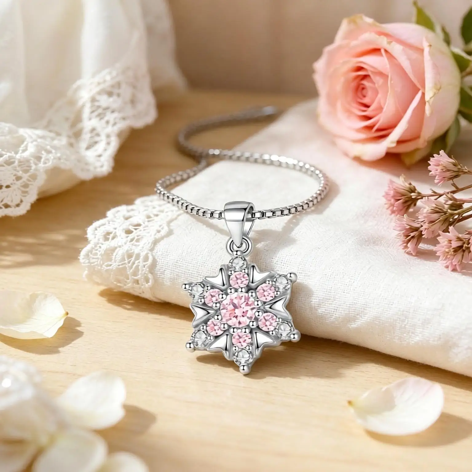 Pretty 925 Sterling Silver Snowflake Crystal Zircon Pendant Box Chain Necklaces for Women Girls Anniversary Party Jewelry Gifts