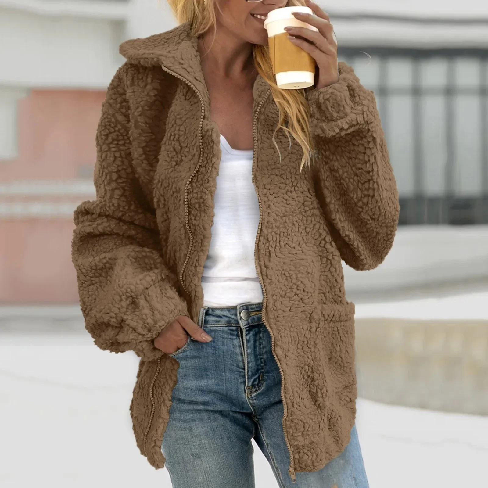 Fashion 2023 Autumn Women Teddy Bear Fluffy Jacket Stand Collar Loose Plush Jacket Brown Solid Warm Outwear Faux Lamb Coats