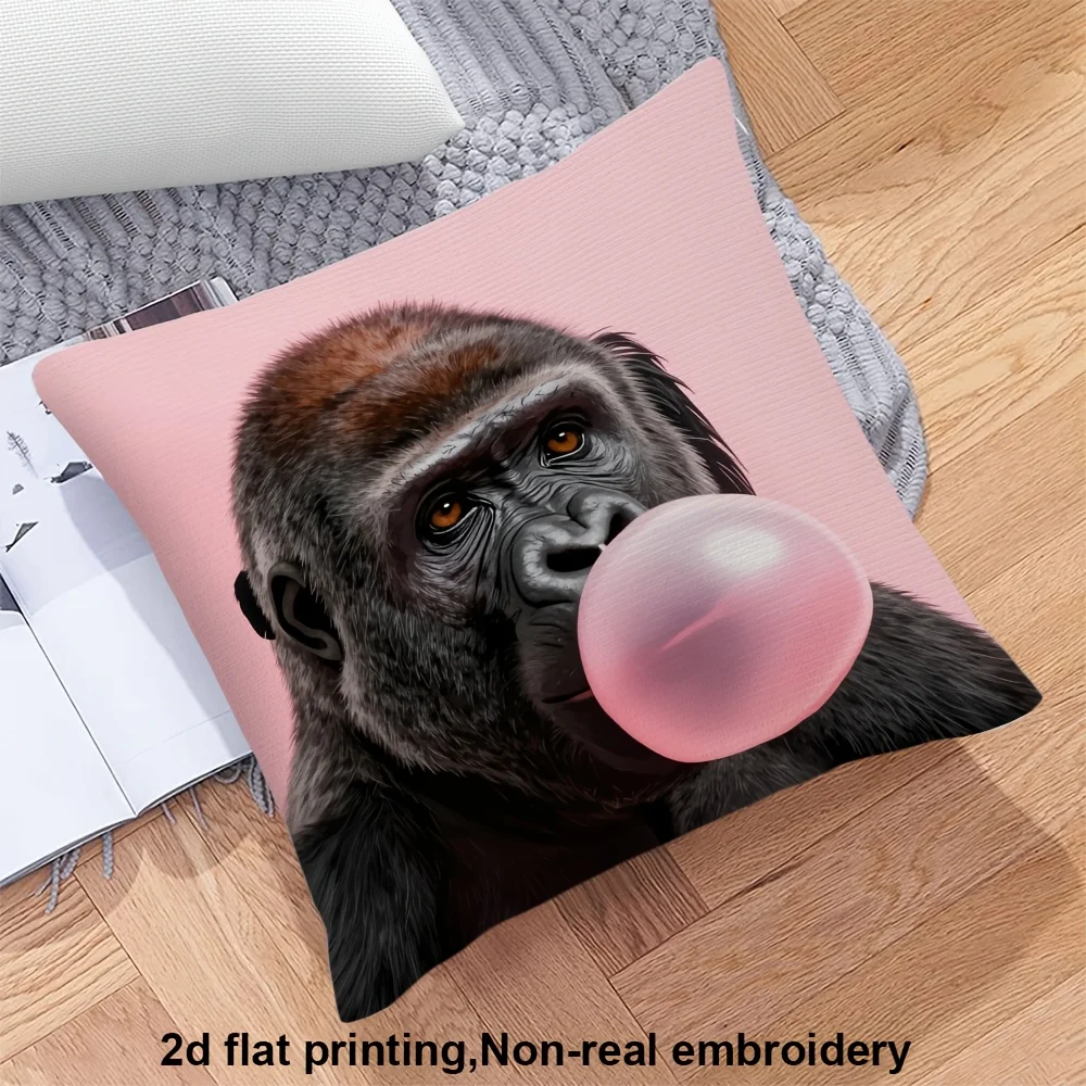 Funny Gorilla Blowing Bubble Gum Pillow Case, Cute Animal Portrait Cushion Cover, Quirky Home Decor for Sofa Living Room Bedroom