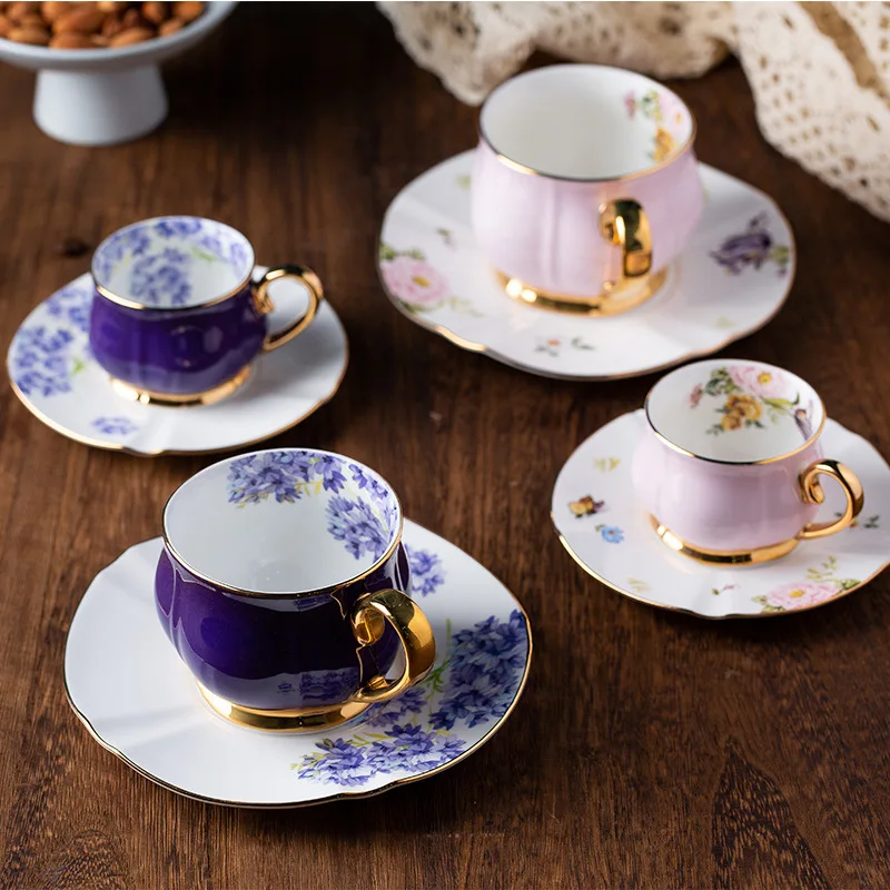 HYS Italian bone china coffee cup and saucer set exquisite couple pink purple cup with Italian hand brewed teacup