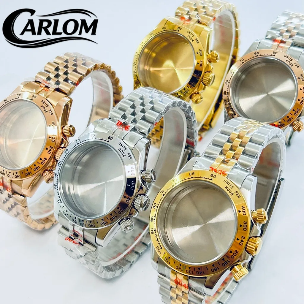 39mm Watch Case Silver Rose Gold Solid Stainless Steel Sapphire Glass Fit VK63 VK64 Quartz Movement Jubilee Bracelet Watch Parts