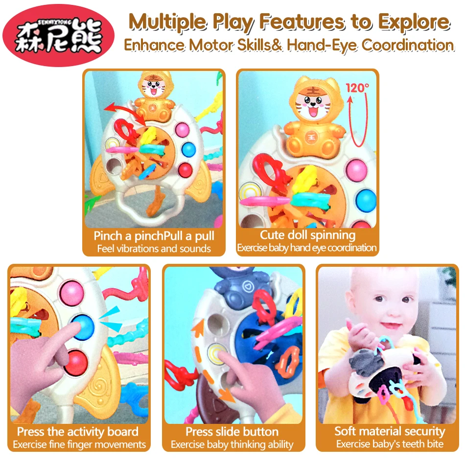 SENNIXIONG Baby Cute Bear Tiger Spaceman Teething Pull String Infant Sensory Silicone Rattles Montessori Toys For Toddler Gift