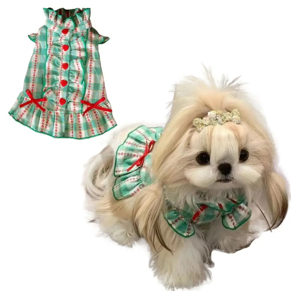 

Universal Polyester Fiber Pet Love Shirt Skirt INS Style Cute Dog Plaid Shirt Skirt Green Pet Plaid Dress for Small Dog