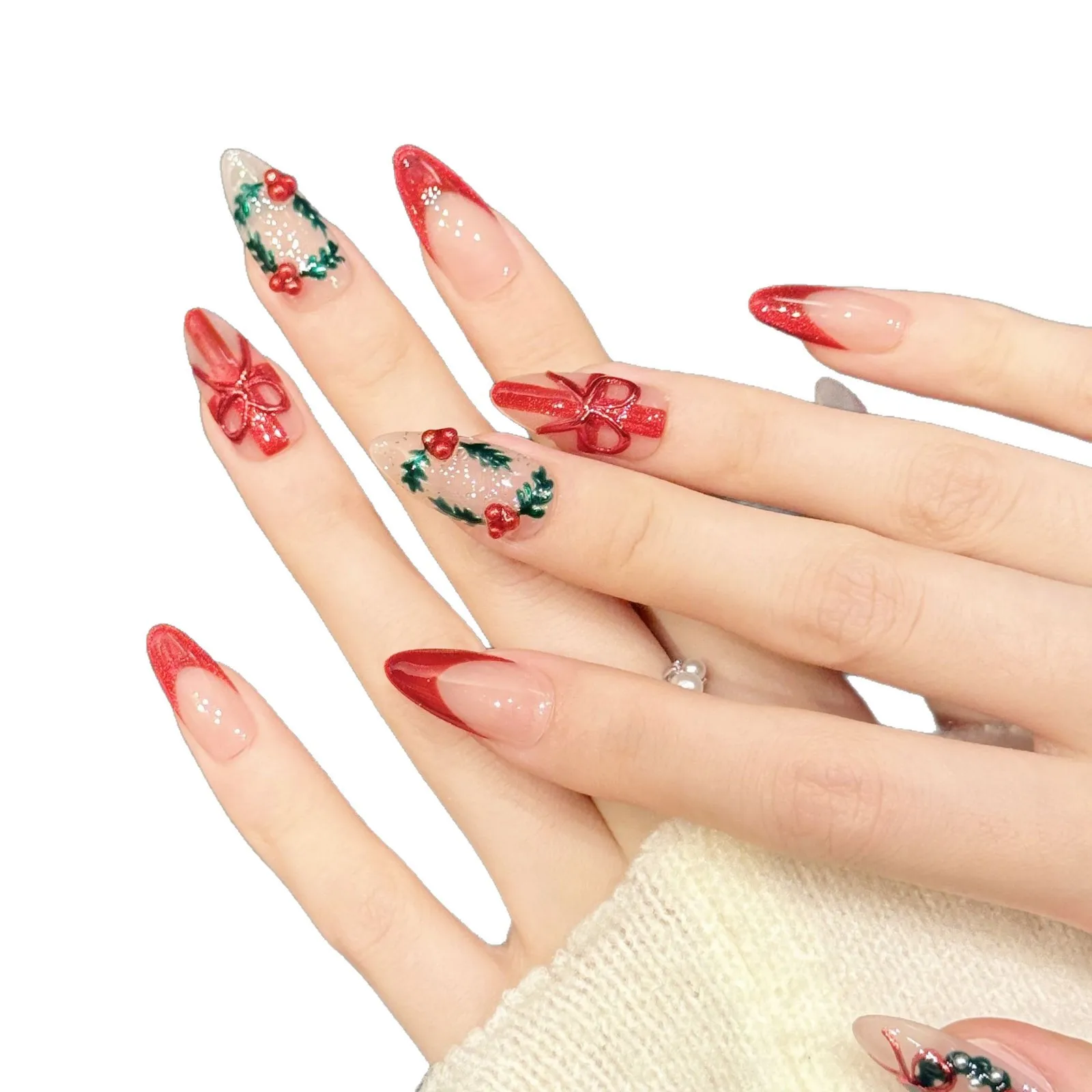 10 Uds. De uñas postizas de almendra mediana, color rojo, Navidad, con diseño de lazo Floral, arte de uñas festivo con herramienta de 4 piezas, adhesivo para uñas