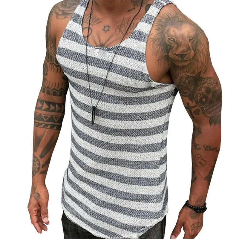 2024 European Station Men's New Summer Slim Fit Stripe Knit Shirt Men's Pullover Backing Knitted Tank Top