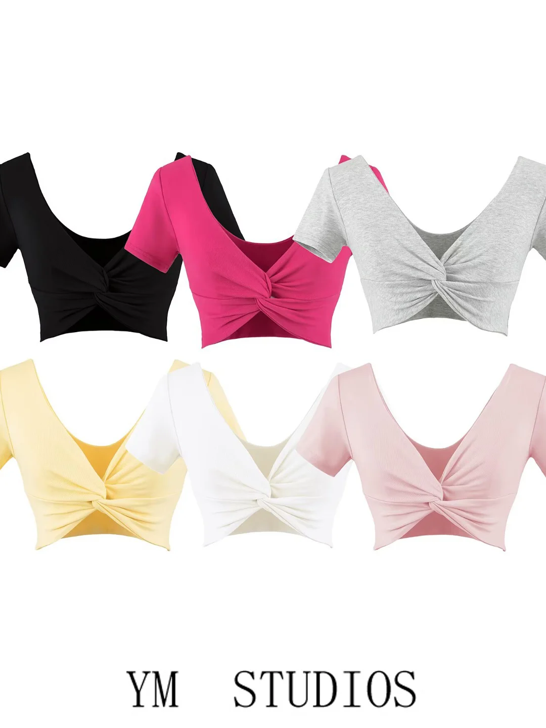 Sexy V-neck Knot Short Sleeve T-shirt Women's Summer Slim Fit Ultra-short Crop Top Fitness Dance Upper Apparel