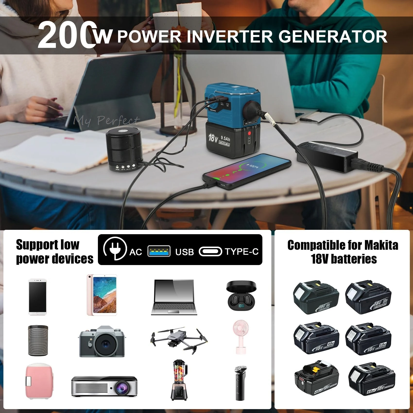 

Инвертор питания 200 Вт для батареи Makita 18V DC 18V в переменный ток 110-120V / 220-240V Портативный источник питания с розеткой переменного тока USB порты типа C Адаптер генератора с светодиодным светодиодом 280LM для кемпинга аварийного гаража Рабочег
