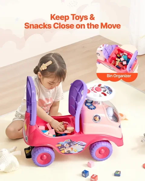 Samochodzik do pchania dla malucha, 19-36 miesięcy, zabawka dla dzieci z klaksonem i muzyką, udźwig 22 kg, schowek pod siedzeniem, różowy