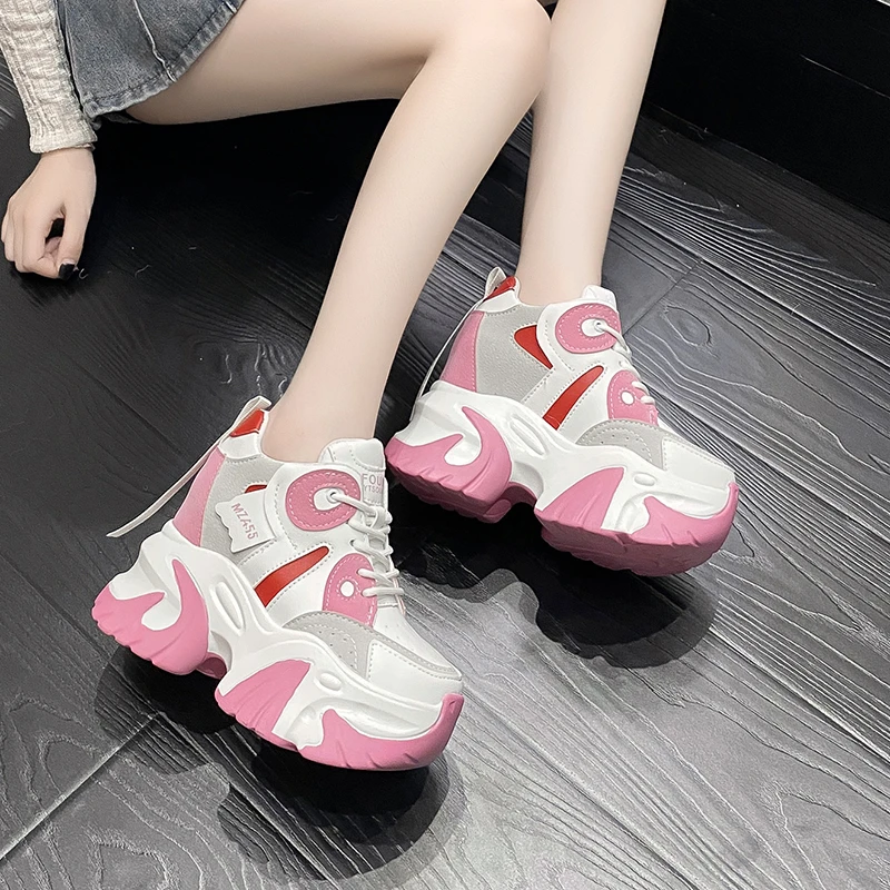 Women Walking Sneakers 2023 Autumn Lace-up High Platform Chunky Shoes Breathable Leather Shoes 10.5CM Wedge Heels Casual Shoes