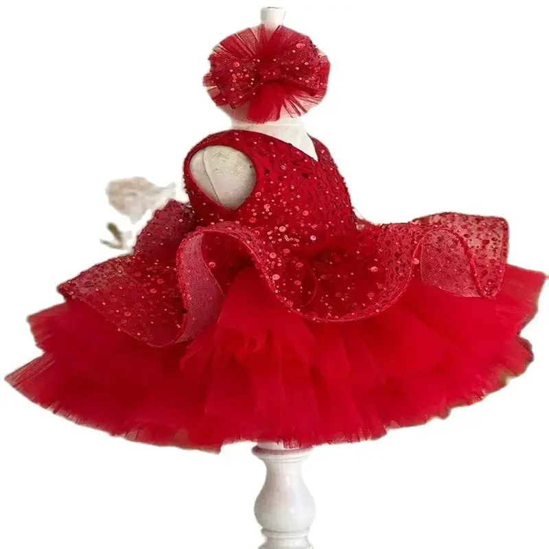 Luxurious Red Baby Girls Dresses Layers Tulle Tiered Infant Girls Birthday Party Gown Christmas New Year Dress Gift 1-11Years