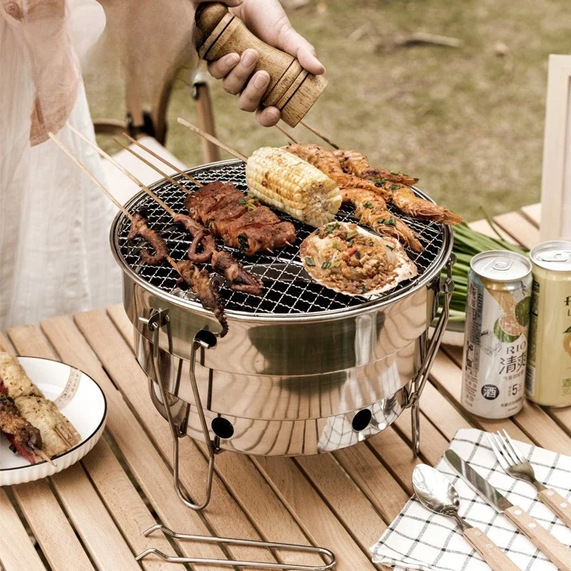حفرة نار منقسمة محمولة قابلة للطي للشواء في الهواء الطلق ، الفولاذ المقاوم للصدأ ، لوازم الطبخ ، آلة شواء الفحم للنزهة ، معدات التخييم