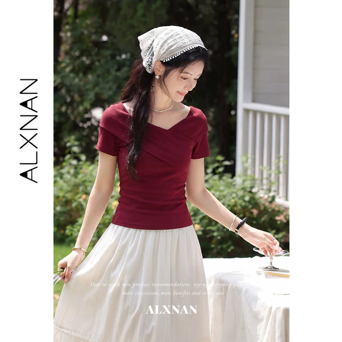 ALXNAN Women's Red Tees 2026 Summer Elegant Knit Short Sleeve Top Cross V-neck Slim T-shirt Casual Female Clothing L62865A-8