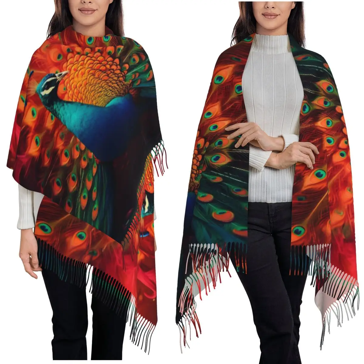 وشاح ريش الطاووس شرابة الأوشحة للنساء شالات دافئة ناعمة ويلتف شال طويل الخريف والشتاء