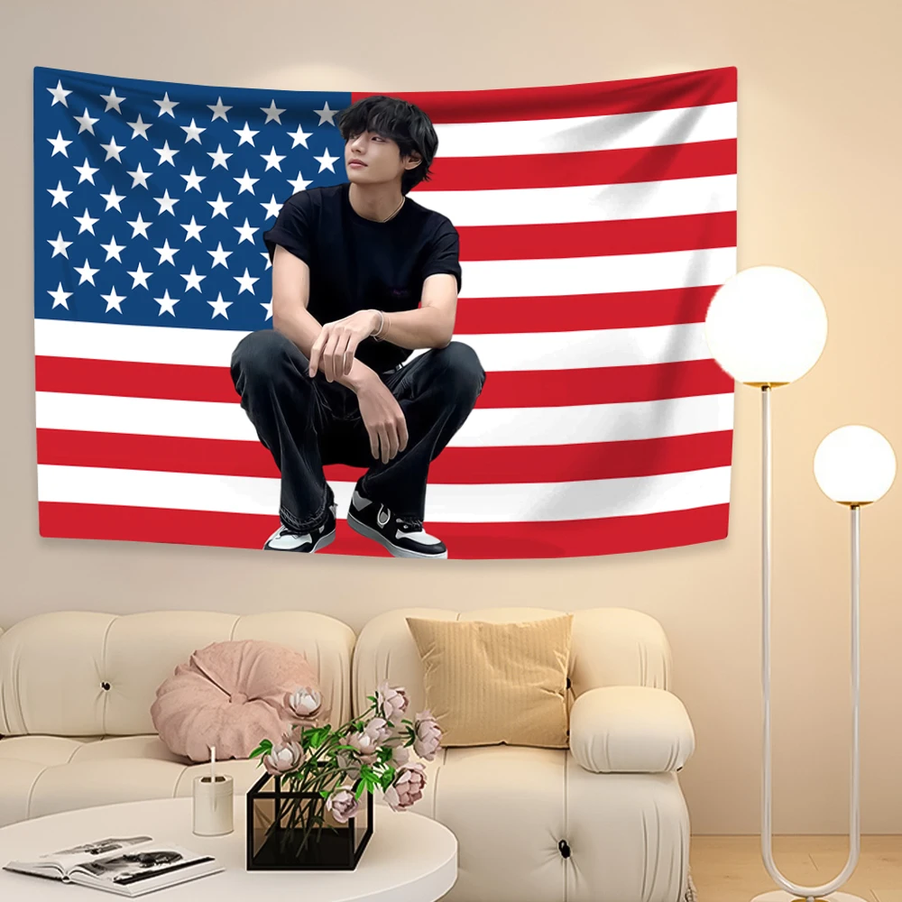 Taehyungs Wandteppich mit amerikanischer Flagge, Kpop Idol, Heimdekoration, Wandbehang, Schlafzimmer, Hintergrund, Innen- und Außendekoration, Konzertbanner