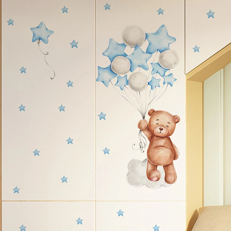 `Watercolor Brown Bear Balloon Star Cloud Wall Sticker Cute Teddy Bear Vinyl Decal For Baby Boy Nursery Kids Bedroom Home Wall A