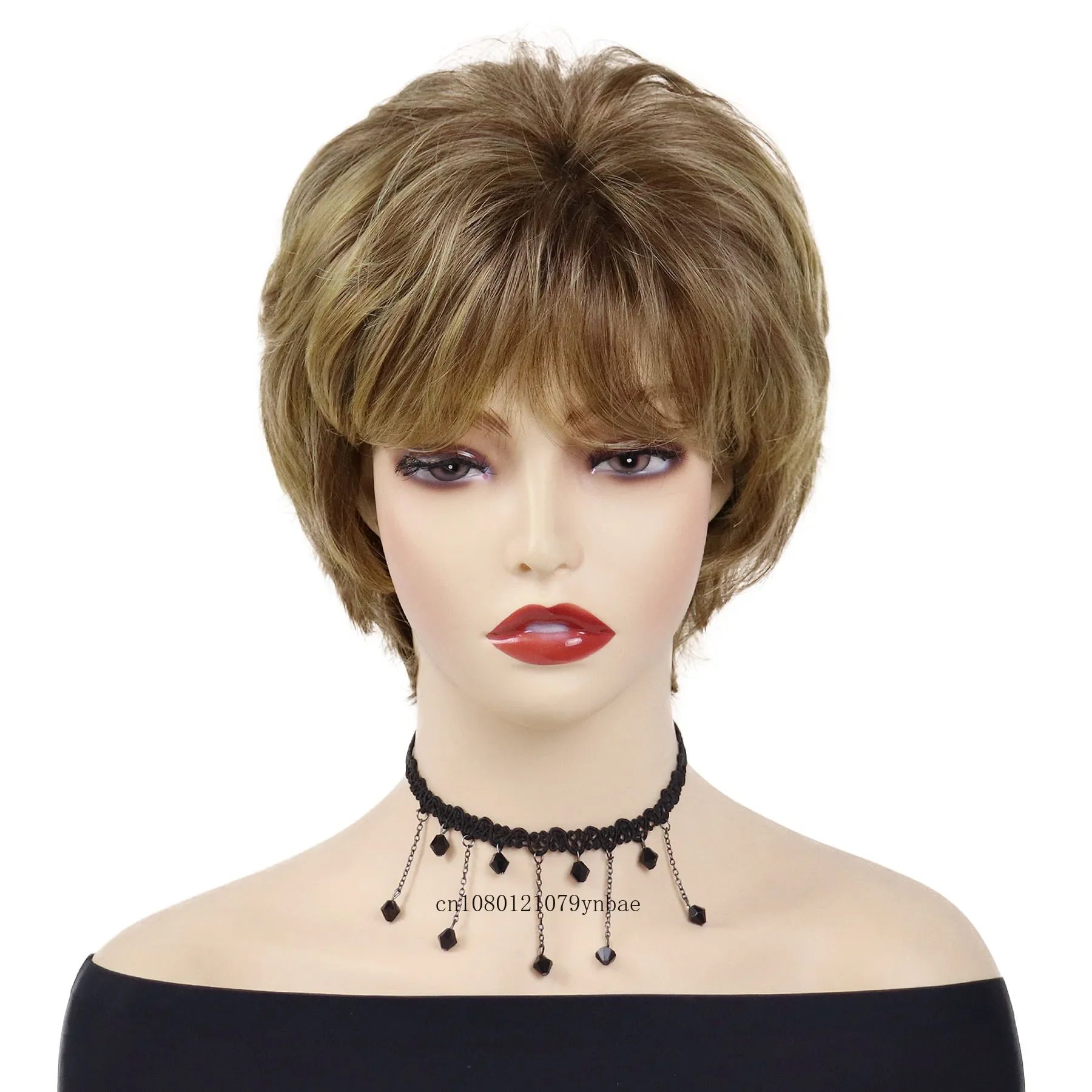 Womens Synthetic Hair Short Curly Brown Wigs Natural Looking Mommy Wig with Bangs Daily Costume Party Use High Temperature Fiber