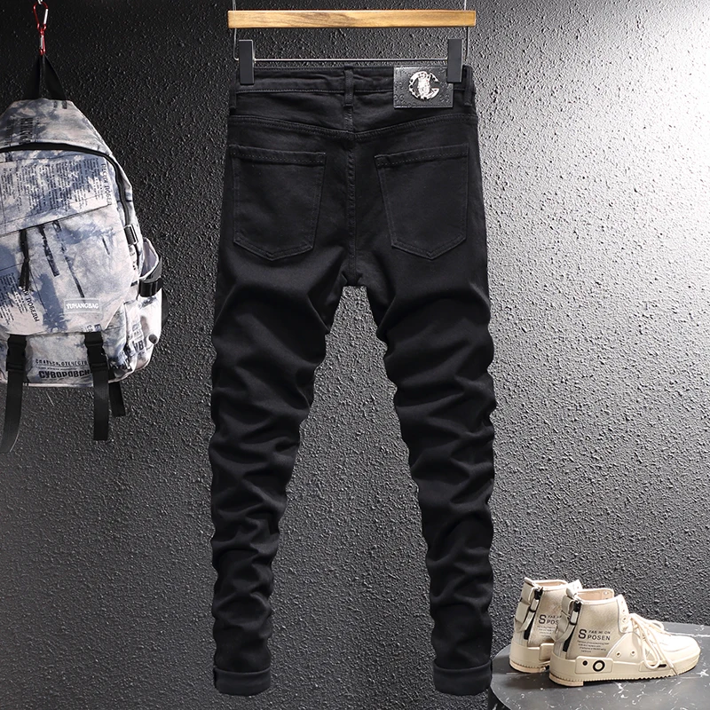 High Street Fashion Men Jeans Black Elastic Stretch Skinny Ripped Jeans Zipper Designer Hip Hop Pencil Pants Men Punk Trousers