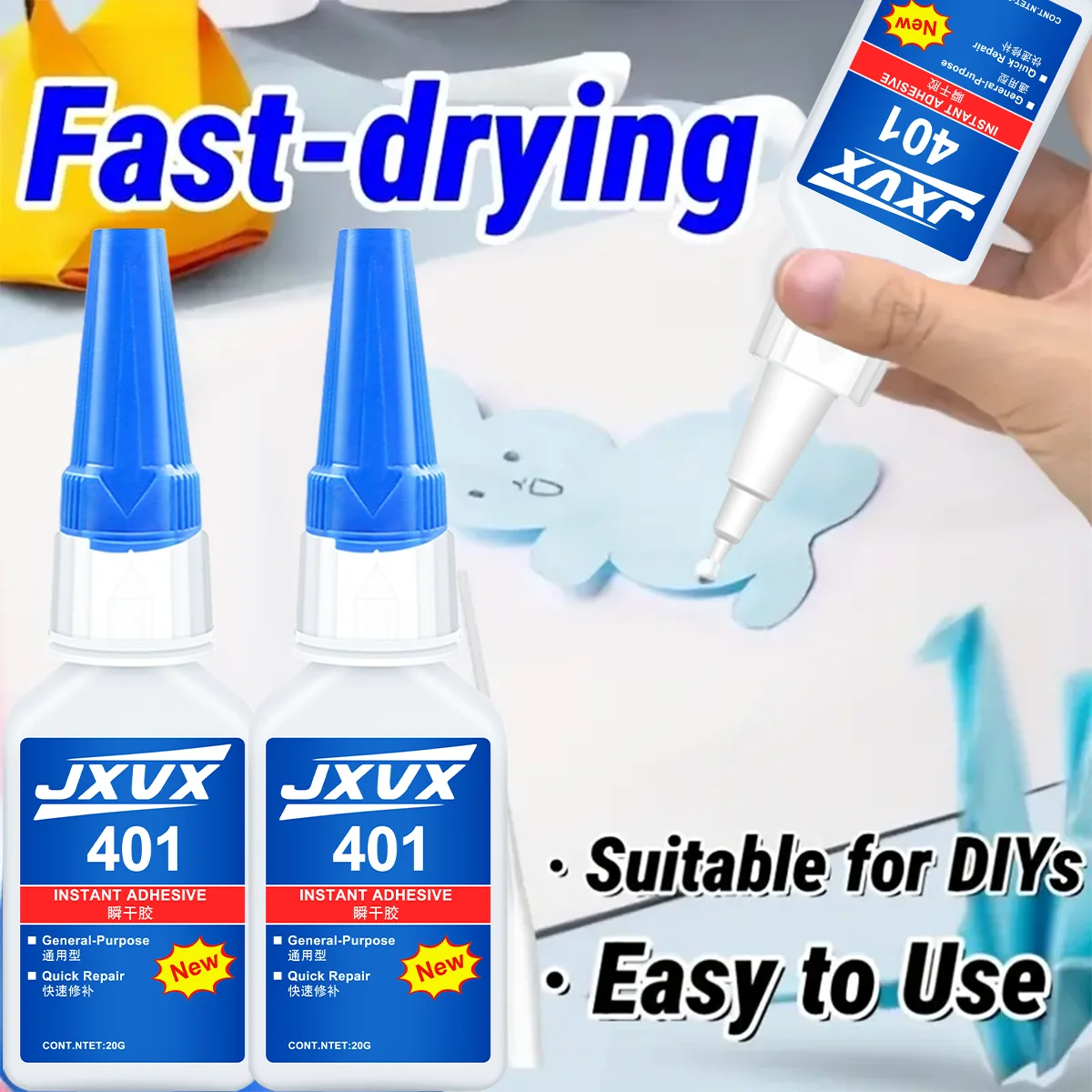 New and updated 401 super acrylate adhesive, instant drying in 5 seconds, waterproof, good stability, full bonding tool. Suitable for wood, plastic, ceramics, metal, rubber and so on.