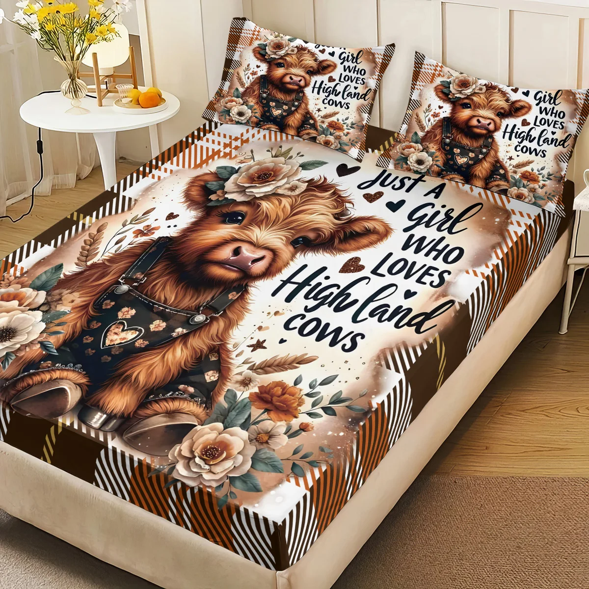 3 قطعة الكرتون المرتفعات البقرة طباعة Coreless غطاء سرير مجموعة متعددة الحجم غطاء السرير غرفة نوم عنبر الفراش الديكور آلة قابل للغسل