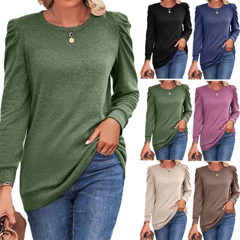 

2025Popular2025European and American New Autumn Winter Women's Loose Round Neck Pleated Long SleeveTShirt Top